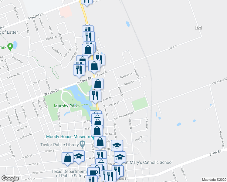 map of restaurants, bars, coffee shops, grocery stores, and more near 302 Sams Street in Taylor