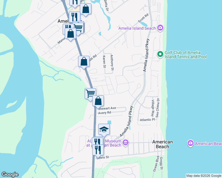 map of restaurants, bars, coffee shops, grocery stores, and more near 96115 Hanging Moss Drive in Fernandina Beach