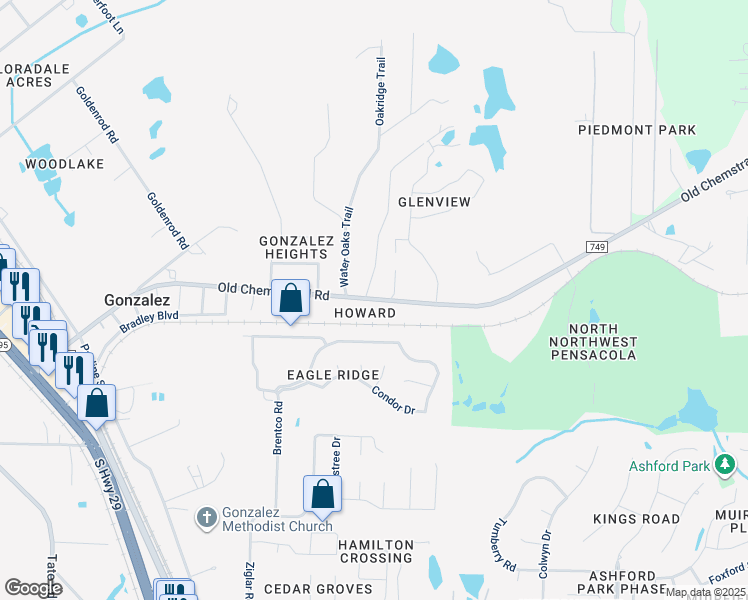 map of restaurants, bars, coffee shops, grocery stores, and more near 255 Lindsay Lane in Cantonment