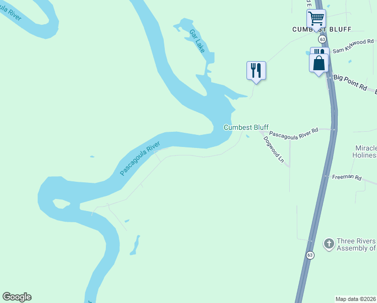 map of restaurants, bars, coffee shops, grocery stores, and more near 2217 Pascagoula River Road in Moss Point