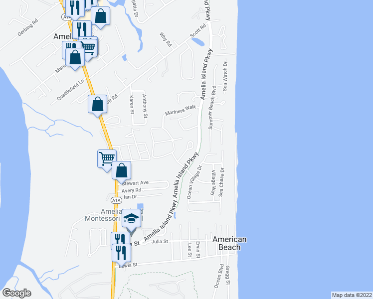 map of restaurants, bars, coffee shops, grocery stores, and more near 5094 Sabal Palm Road in Fernandina Beach