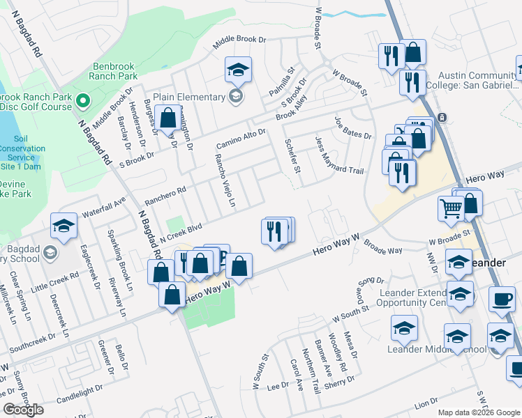 map of restaurants, bars, coffee shops, grocery stores, and more near 700 Camino Real Drive in Leander