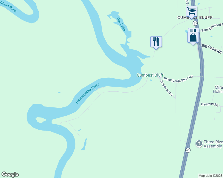 map of restaurants, bars, coffee shops, grocery stores, and more near 2217 Pascagoula River Road in Moss Point