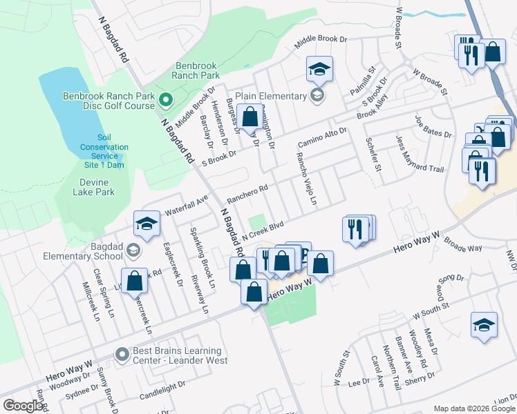 map of restaurants, bars, coffee shops, grocery stores, and more near 805 Encanto Drive in Leander
