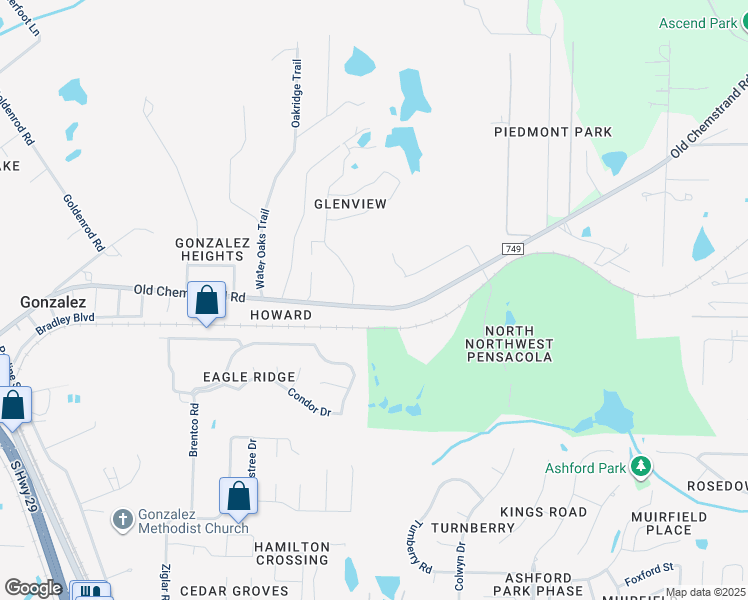 map of restaurants, bars, coffee shops, grocery stores, and more near 2160 Old Chemstrand Road in Cantonment