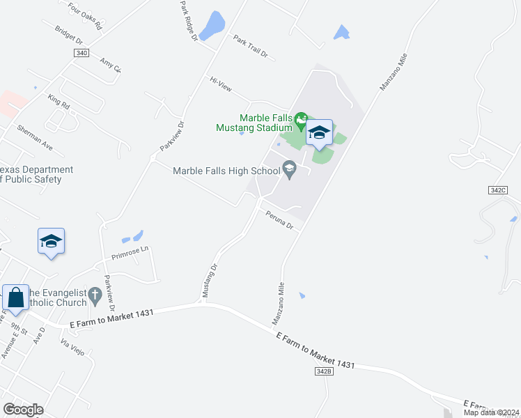 map of restaurants, bars, coffee shops, grocery stores, and more near 2101 Mustang Drive in Marble Falls