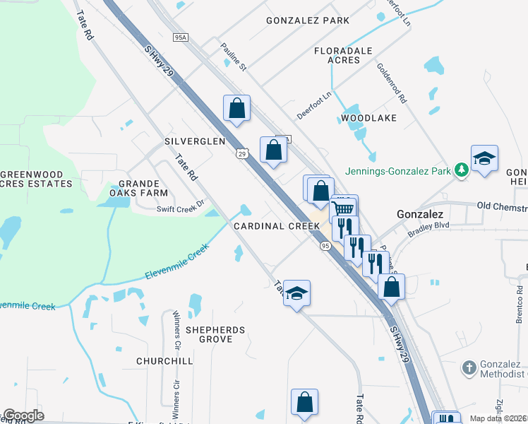 map of restaurants, bars, coffee shops, grocery stores, and more near 1418 Towhee Canyon Drive in Gonzalez