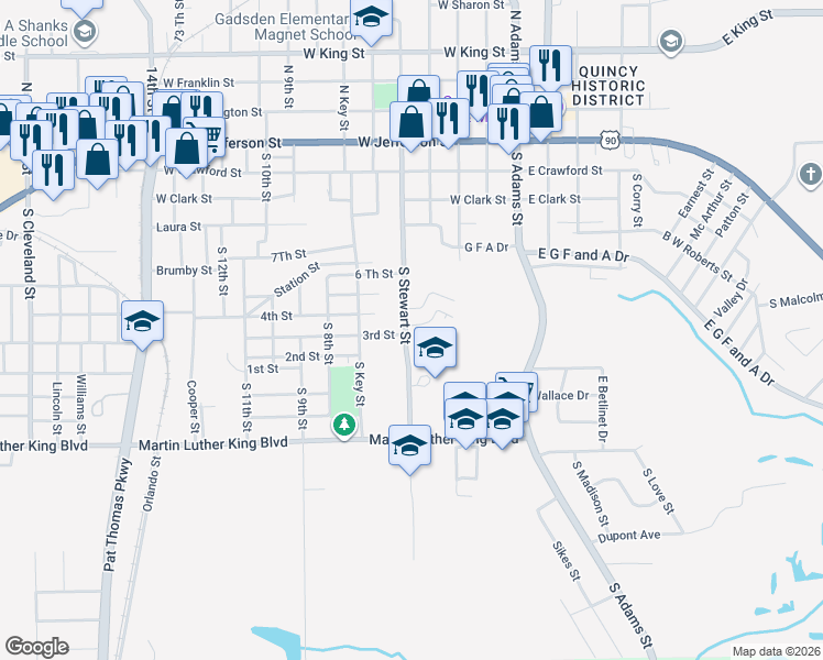 map of restaurants, bars, coffee shops, grocery stores, and more near 515 South Stewart Street in Quincy