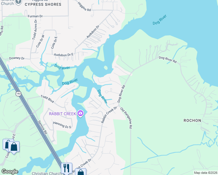 map of restaurants, bars, coffee shops, grocery stores, and more near 3730 Rabbit Creek Court in Theodore