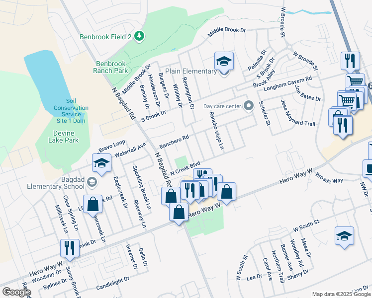 map of restaurants, bars, coffee shops, grocery stores, and more near 803 Encanto Drive in Leander