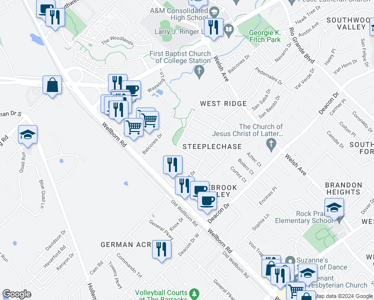 map of restaurants, bars, coffee shops, grocery stores, and more near 2315 Trace Meadows in College Station