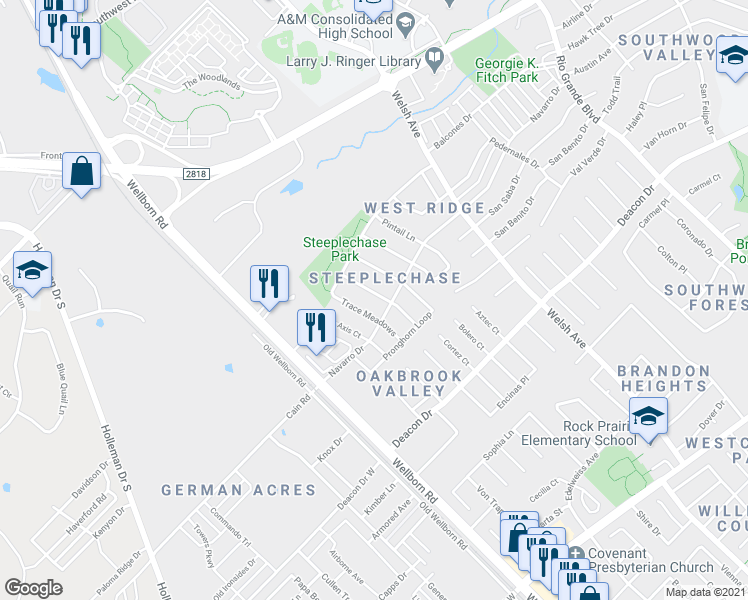 map of restaurants, bars, coffee shops, grocery stores, and more near 2328 Antelope Lane in College Station