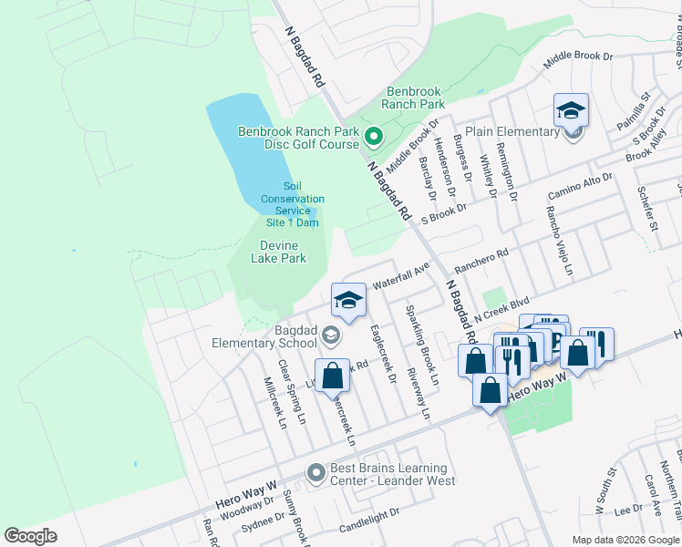 map of restaurants, bars, coffee shops, grocery stores, and more near 1607 Rio Bravo Loop in Leander