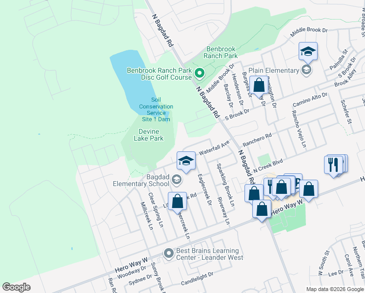 map of restaurants, bars, coffee shops, grocery stores, and more near 1607 Rio Bravo Loop in Leander