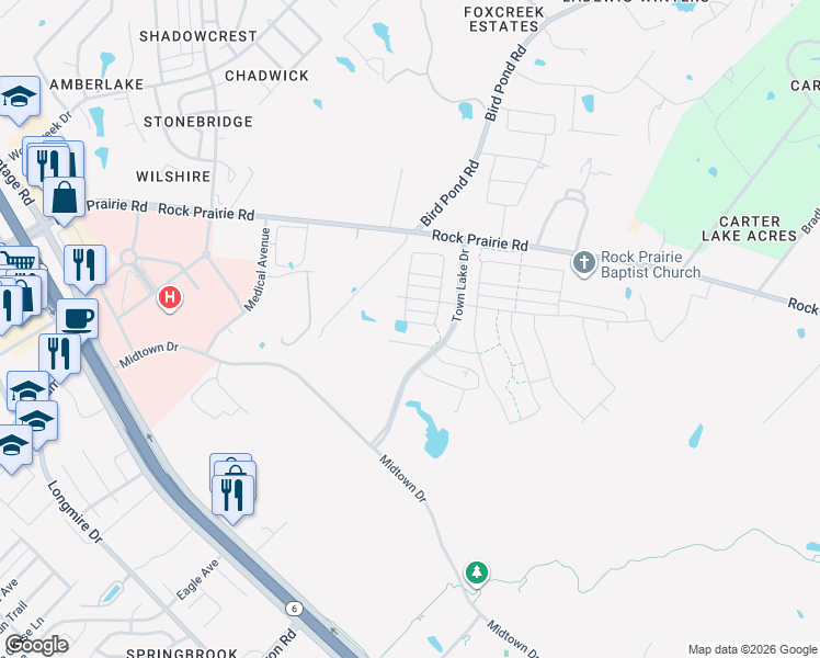 map of restaurants, bars, coffee shops, grocery stores, and more near 1124 Amistad Loop in College Station