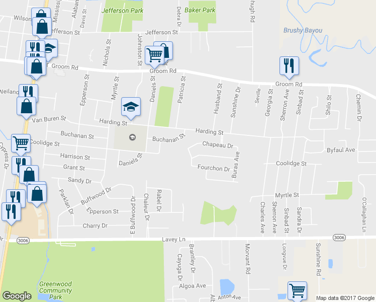 map of restaurants, bars, coffee shops, grocery stores, and more near 806 West Chapeau Drive in Baker