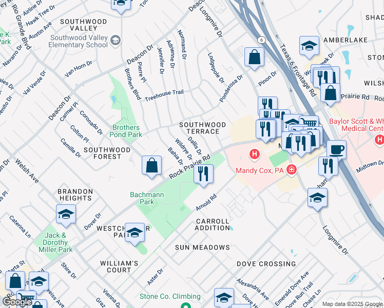 map of restaurants, bars, coffee shops, grocery stores, and more near 3400 Wildrye Drive in College Station