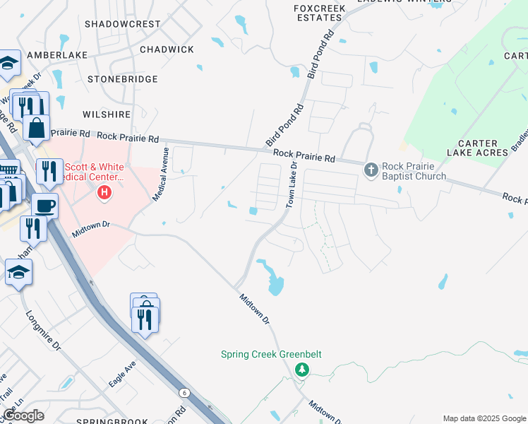map of restaurants, bars, coffee shops, grocery stores, and more near 1124 Amistad Loop in College Station
