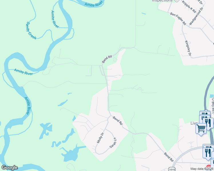 map of restaurants, bars, coffee shops, grocery stores, and more near 35241 Bend Road in Denham Springs