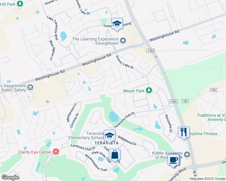 map of restaurants, bars, coffee shops, grocery stores, and more near 4505 Chestnut Meadows Bend in Georgetown