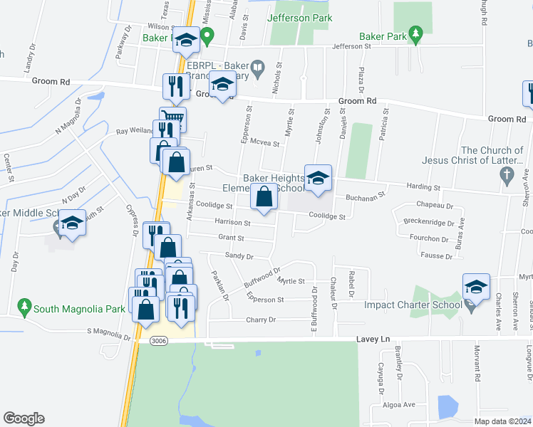 map of restaurants, bars, coffee shops, grocery stores, and more near 3642 Coolidge Street in Baker