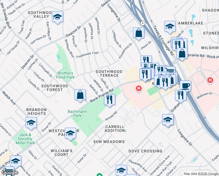 map of restaurants, bars, coffee shops, grocery stores, and more near 3411 Dallis Drive in College Station