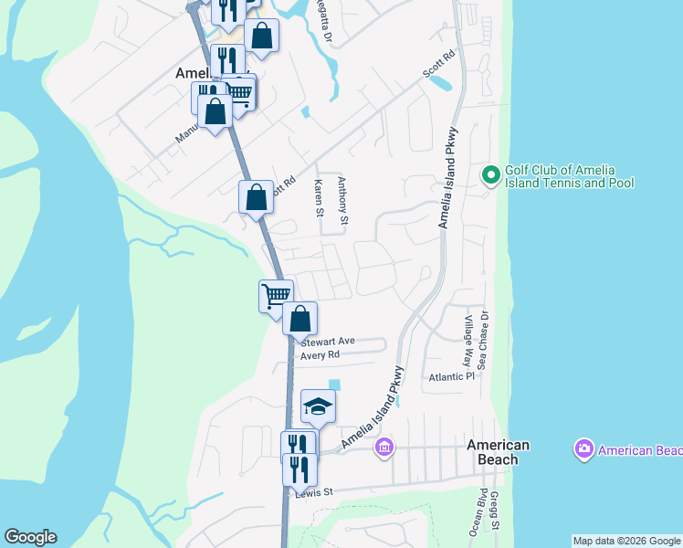map of restaurants, bars, coffee shops, grocery stores, and more near 96115 Hanging Moss Drive in Fernandina Beach