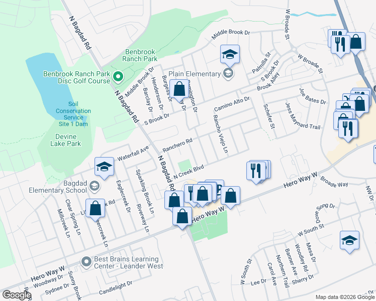 map of restaurants, bars, coffee shops, grocery stores, and more near 805 Encanto Drive in Leander