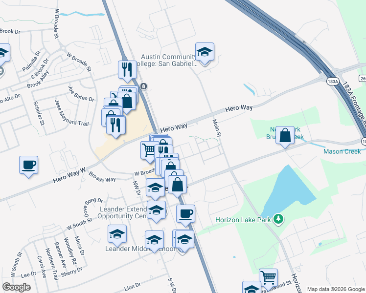 map of restaurants, bars, coffee shops, grocery stores, and more near 318 North Gabriel Street in Leander