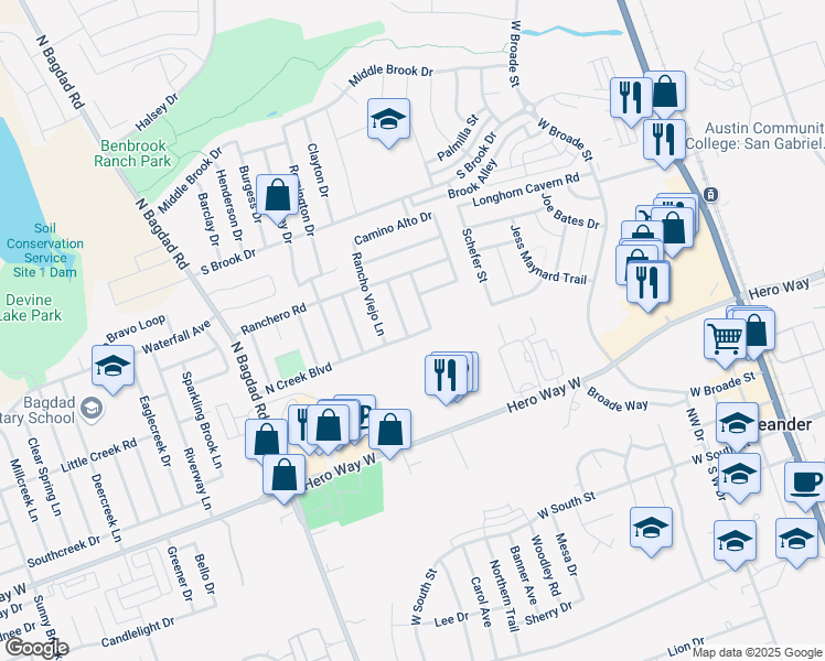 map of restaurants, bars, coffee shops, grocery stores, and more near 700 Camino Real Drive in Leander