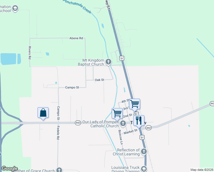 map of restaurants, bars, coffee shops, grocery stores, and more near 14376 Oak Street in Tickfaw