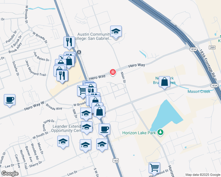 map of restaurants, bars, coffee shops, grocery stores, and more near 241 Michaelis Dr in Leander