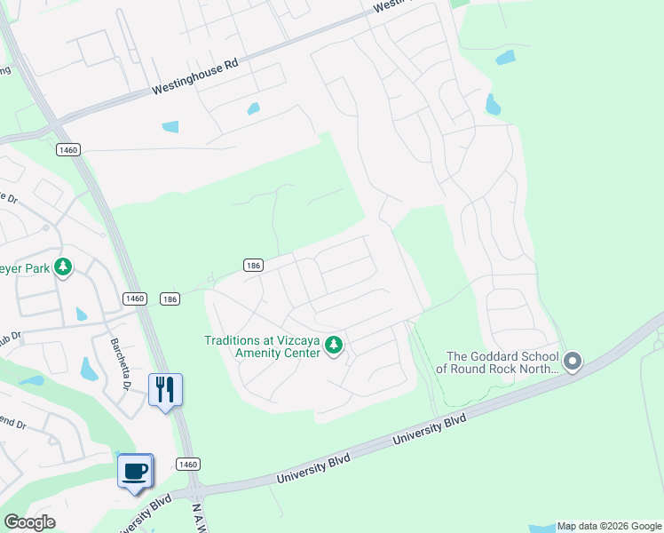 map of restaurants, bars, coffee shops, grocery stores, and more near 2710 Fortezza Way in Round Rock