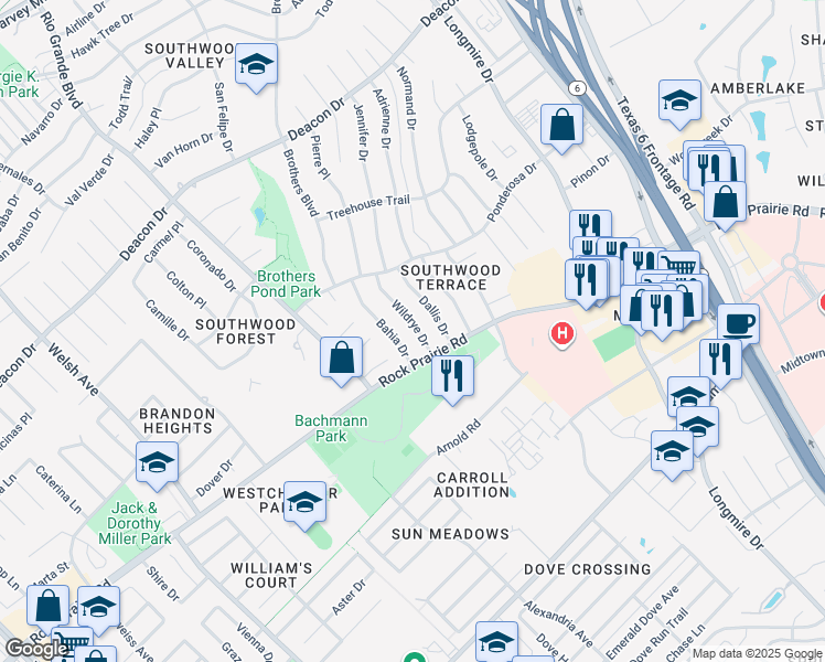 map of restaurants, bars, coffee shops, grocery stores, and more near 3400 Wildrye Drive in College Station