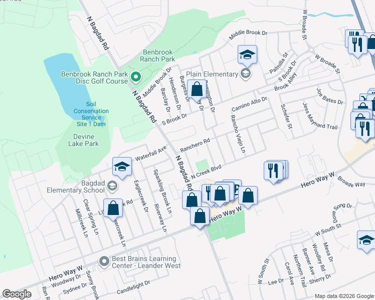 map of restaurants, bars, coffee shops, grocery stores, and more near 810 Encinita Drive in Leander