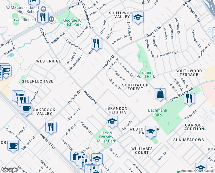 map of restaurants, bars, coffee shops, grocery stores, and more near 3111 Westchester Avenue in College Station