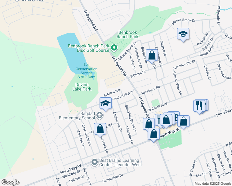 map of restaurants, bars, coffee shops, grocery stores, and more near 1408 Rio Bravo Loop in Leander