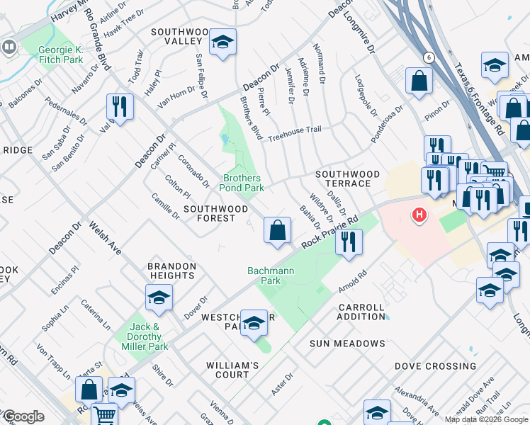 map of restaurants, bars, coffee shops, grocery stores, and more near 1107 Paintbrush Circle in College Station