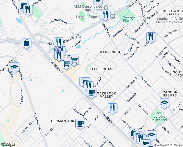 map of restaurants, bars, coffee shops, grocery stores, and more near 2311 Trace Meadows in College Station