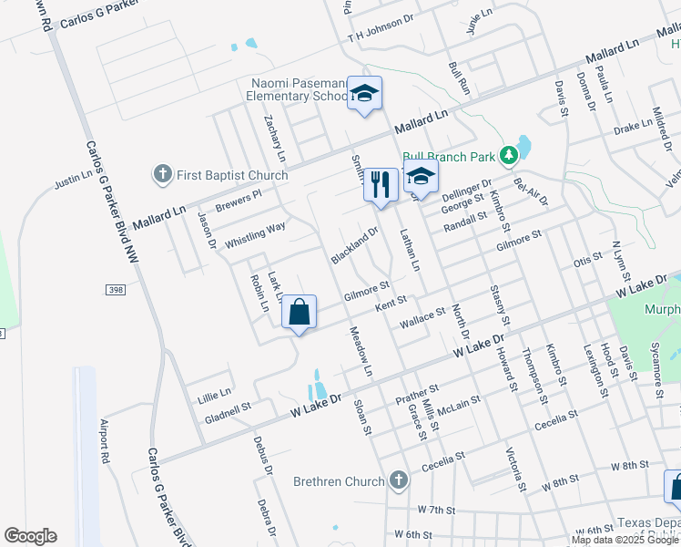 map of restaurants, bars, coffee shops, grocery stores, and more near 2206 Meadow Ln in Taylor