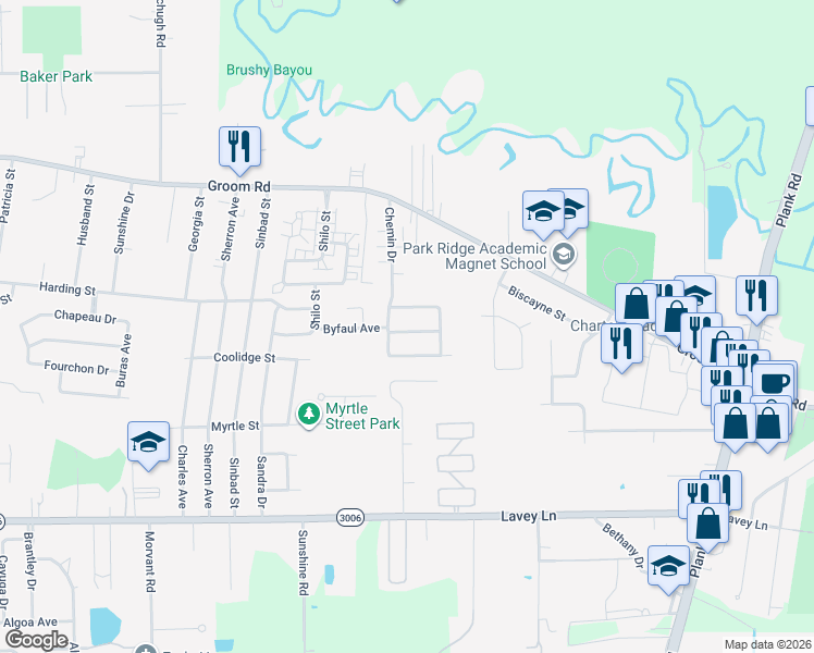 map of restaurants, bars, coffee shops, grocery stores, and more near 5307 Rue Nicole in Baker