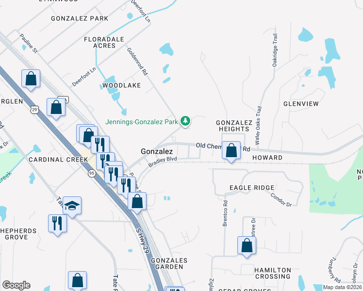 map of restaurants, bars, coffee shops, grocery stores, and more near 1500 5th Avenue in Gonzalez