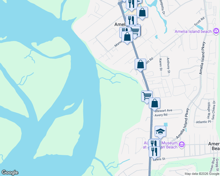 map of restaurants, bars, coffee shops, grocery stores, and more near 4959 Quattlefield Lane in Fernandina Beach