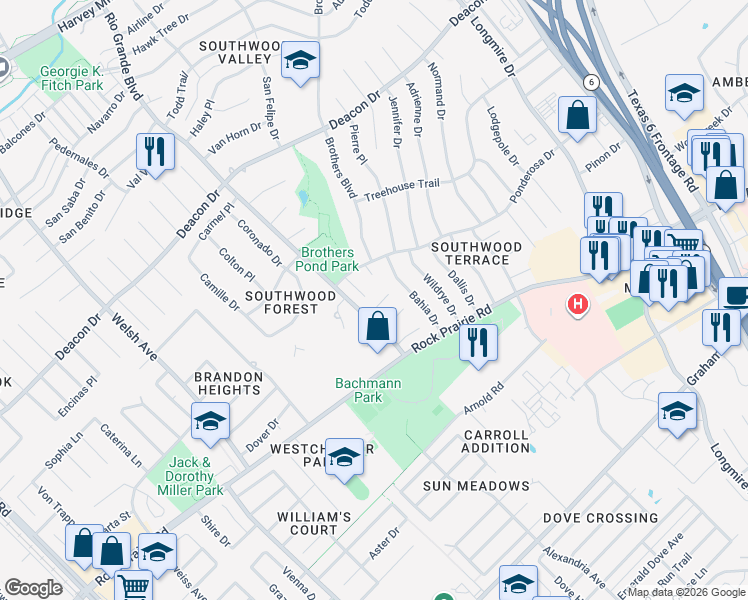 map of restaurants, bars, coffee shops, grocery stores, and more near 1107 Paintbrush Circle in College Station