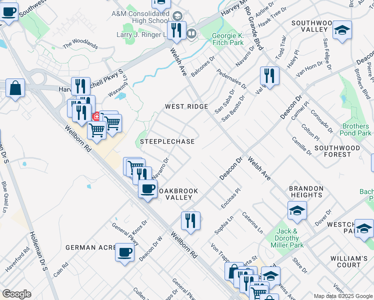 map of restaurants, bars, coffee shops, grocery stores, and more near 406 Pronghorn Loop in College Station