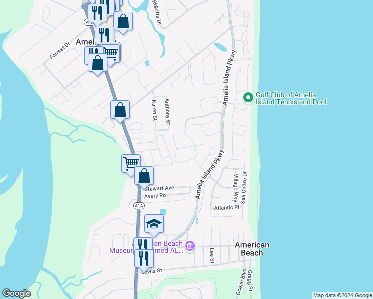 map of restaurants, bars, coffee shops, grocery stores, and more near 95052 Summerwoods Circle in Fernandina Beach