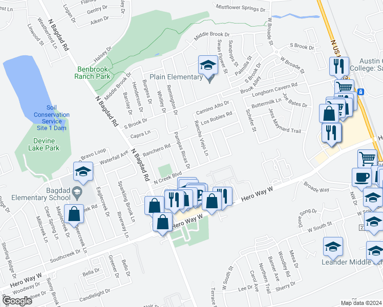 map of restaurants, bars, coffee shops, grocery stores, and more near 711 Estancia Way in Leander