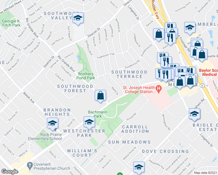 map of restaurants, bars, coffee shops, grocery stores, and more near 3306 Bahia Drive in College Station