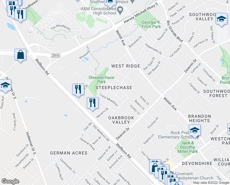 map of restaurants, bars, coffee shops, grocery stores, and more near 2337 Antelope Lane in College Station