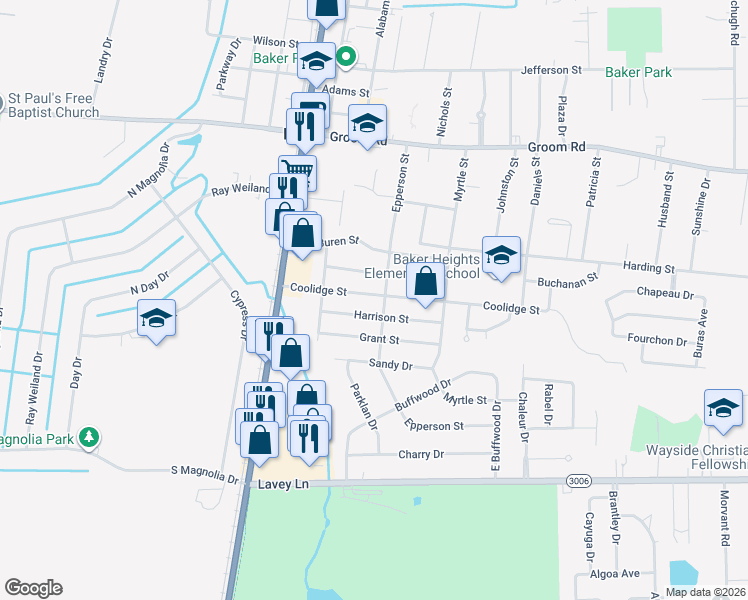 map of restaurants, bars, coffee shops, grocery stores, and more near 3468 Coolidge Street in Baker